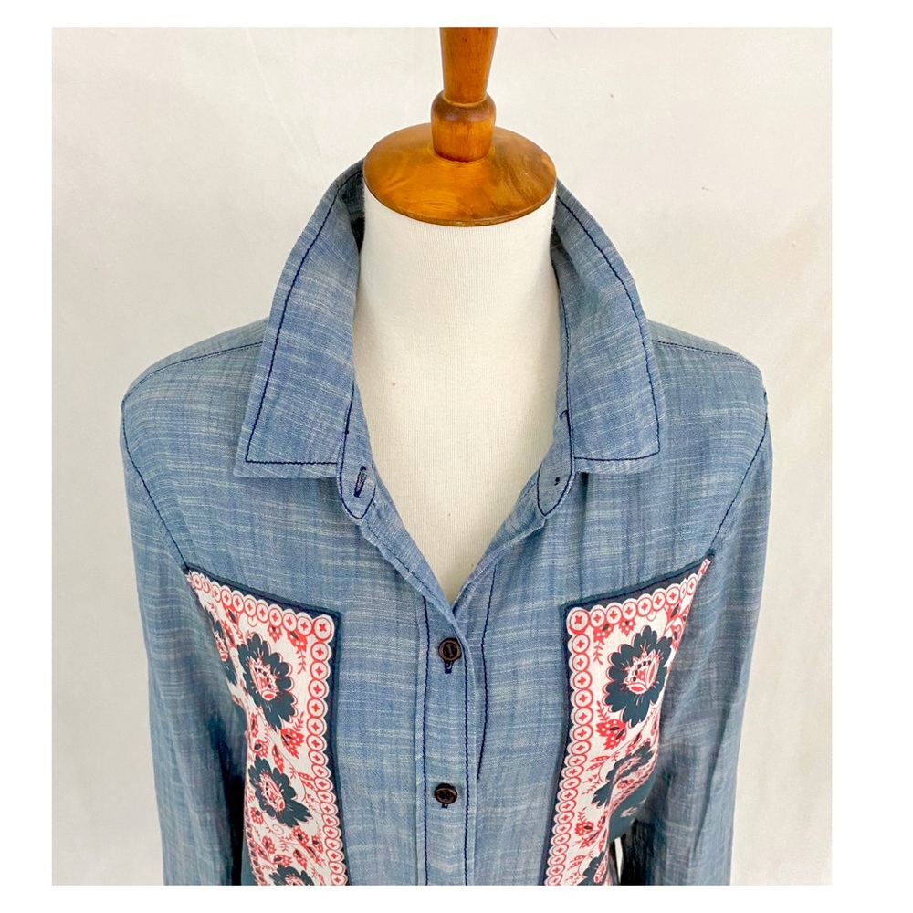 Free People Born Free Chambray Floral Panel Shirt - Picture 3 of 8